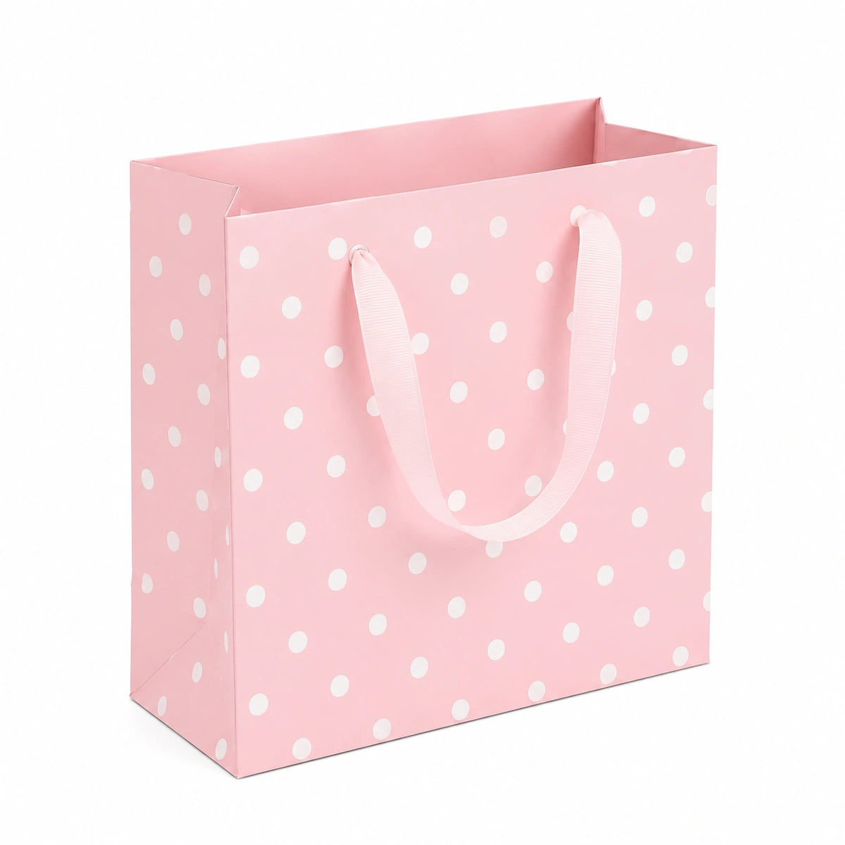 Geschenktüte 26 x 12 x 32 cm aus Papier Rosa mit weißen Punkten und Bandgriffen