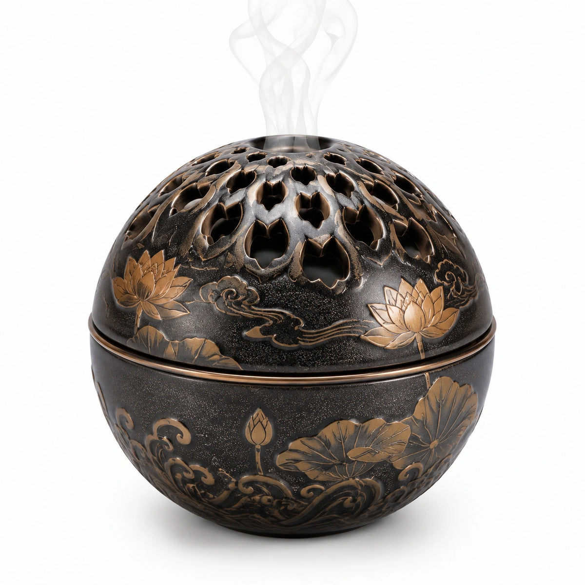 Räuchergefäß 15 cm Metall Schwarz Bronze mit Lotusmuster und durchbrochenem Deckel