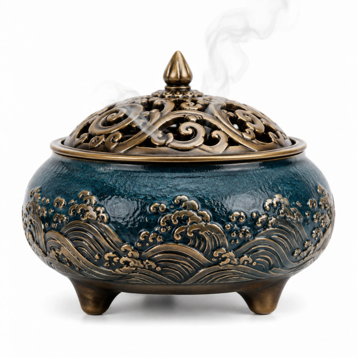 Räuchergefäß 18 cm Keramik Blau Bronze mit durchbrochenem Deckel
