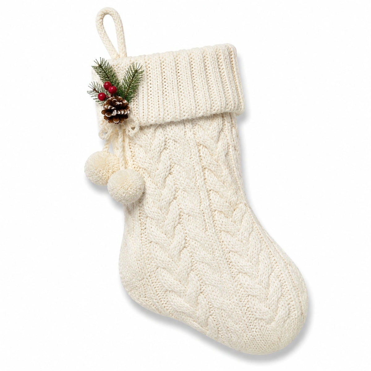 Weihnachtsstrumpf Einheitsgröße aus cremefarbenem Strick mit Zopfmuster zum Aufhängen