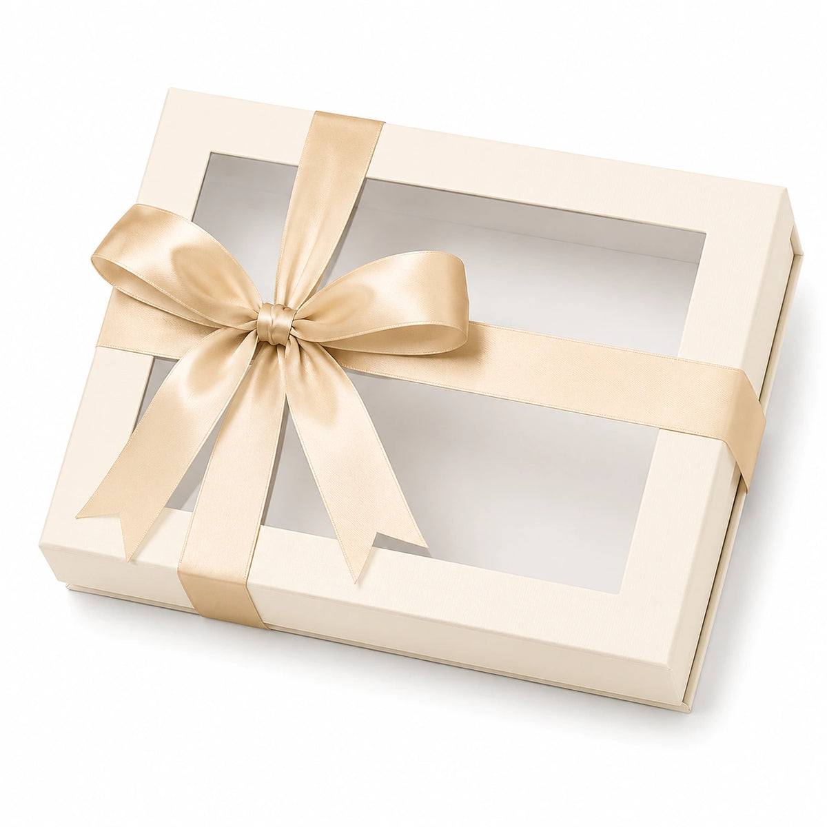 Geschenkbox 30 x 20 x 5 cm aus Karton in Creme mit Sichtfenster und Satinschleife