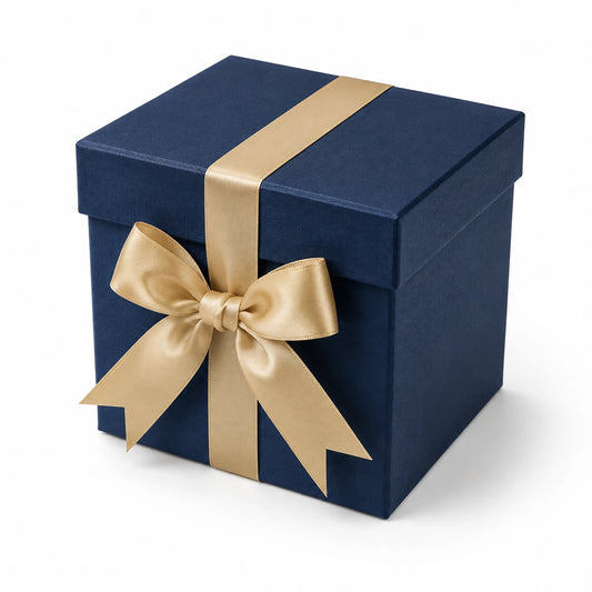 Geschenkbox 20 x 20 x 20 cm aus Karton in Dunkelblau Gold mit Schleifenband