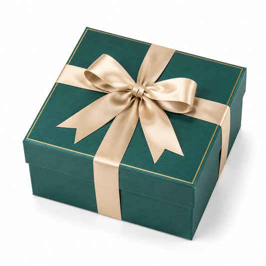 Geschenkbox 25 x 25 x 12 cm aus Karton Grün Gold mit Schleife