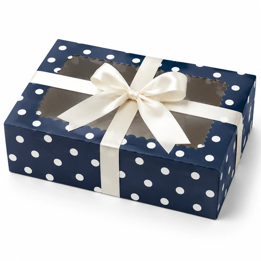 Geschenkbox 30 x 22 x 10 cm aus Karton in Marineblau Weiß mit Sichtfenster und Schleife