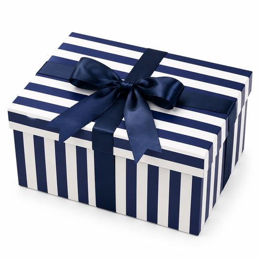 Geschenkbox 25 x 20 x 12 cm aus Karton in Blau Weiß mit Satinband und Deckel