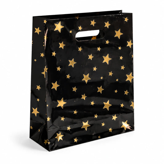Geschenktüte 18 x 8 x 23 cm aus Papier Schwarz Gold Sternenmuster mit Tragegriff