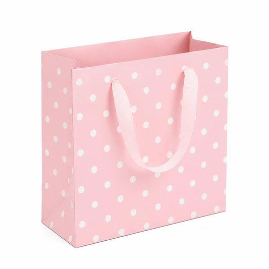 Geschenktüte 26 x 12 x 32 cm aus Papier Rosa mit weißen Punkten und Bandgriffen