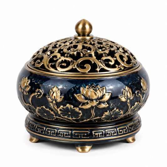 Räuchergefäß Ø 18 cm Keramik Blau Gold mit durchbrochenem Deckel