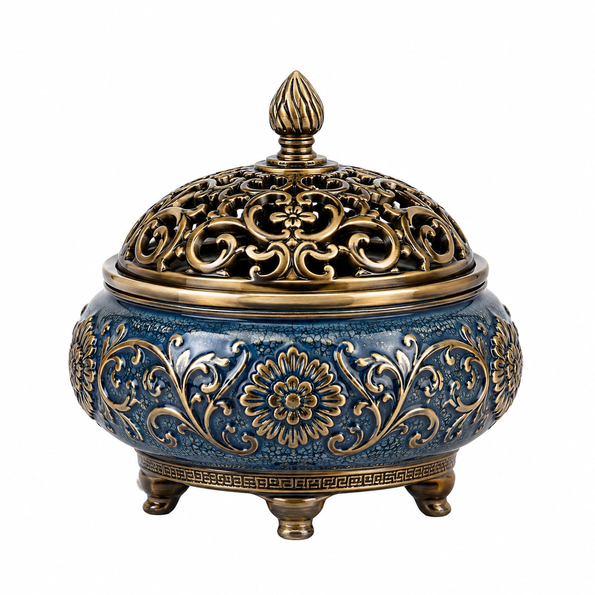 Räuchergefäß Ø20 cm Höhe24 cm aus Kunstharz Blau/Gold mit durchbrochenem Deckel