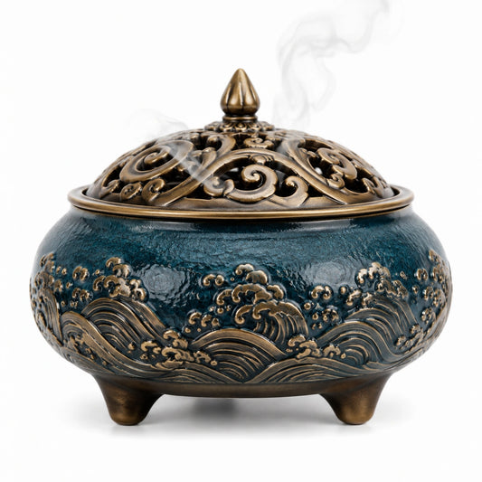 Räuchergefäß 18 cm Keramik Blau Bronze mit durchbrochenem Deckel