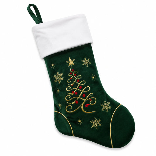 Weihnachtsstrumpf Standardgröße aus Samt Grün Weiß mit Aufhängeschlaufe und Stickerei