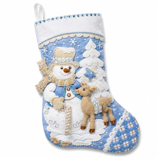 Weihnachtsstrumpf 45 cm aus Filz Blau Weiß mit Schneemann und Aufhängeschlaufe