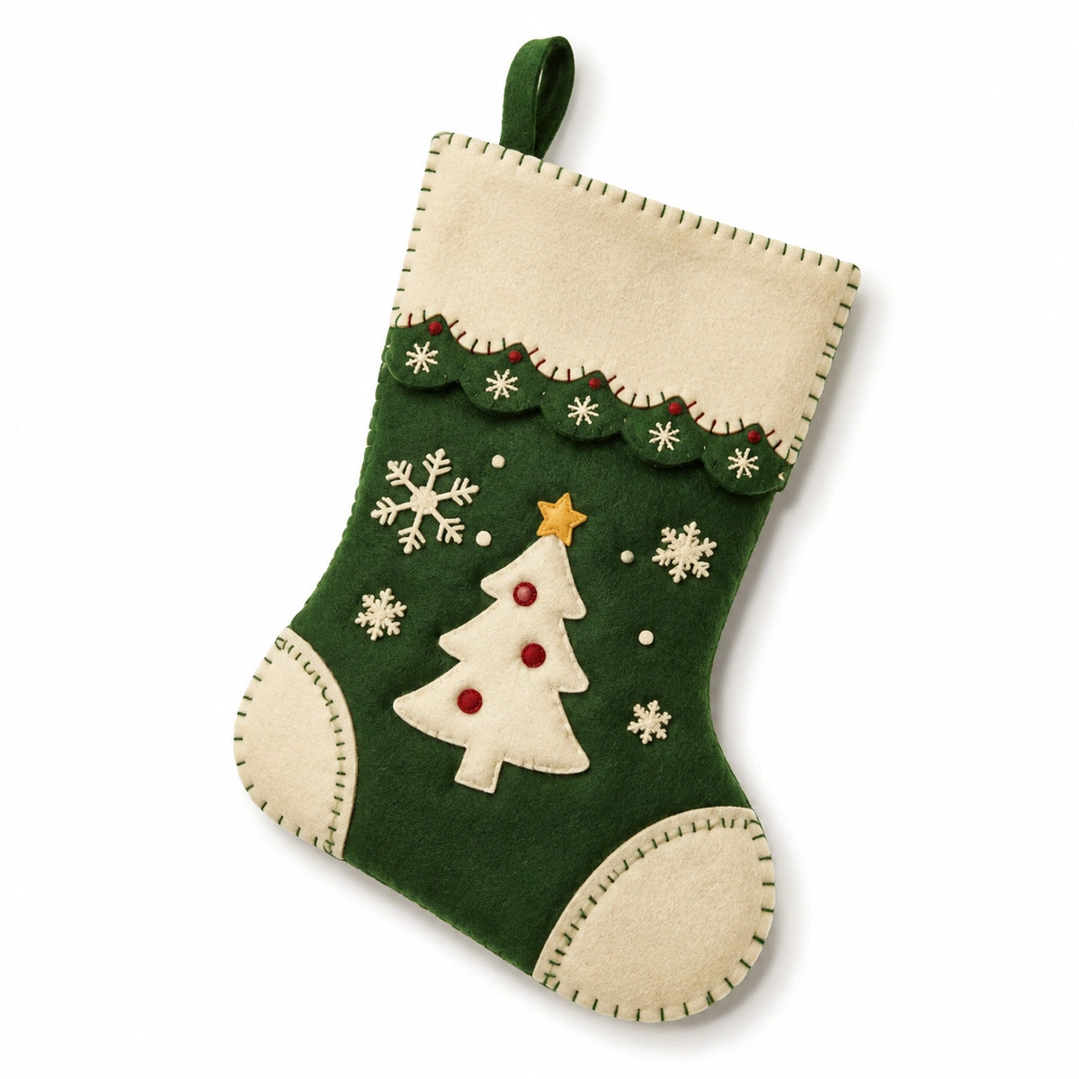 Weihnachtssocke 30 cm aus Filz Grün Creme zum Aufhängen winterlich