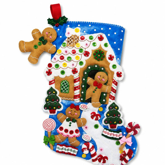 Weihnachtsstrumpf 45 cm aus Filz Blau Rot mit Lebkuchenhaus Motiv