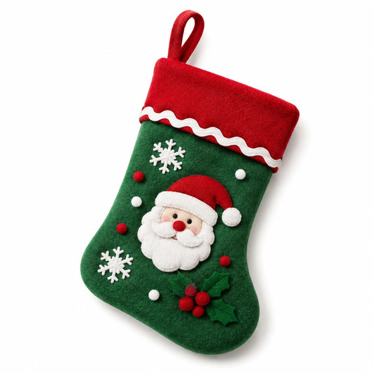 Weihnachtsstrumpf 45 cm aus Filz Grün Rot zum Aufhängen mit Nikolausmotiv