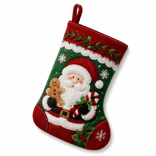 Weihnachtsstrumpf 45 cm aus Filz Rot Grün zum Aufhängen mit Weihnachtsmannmotiv